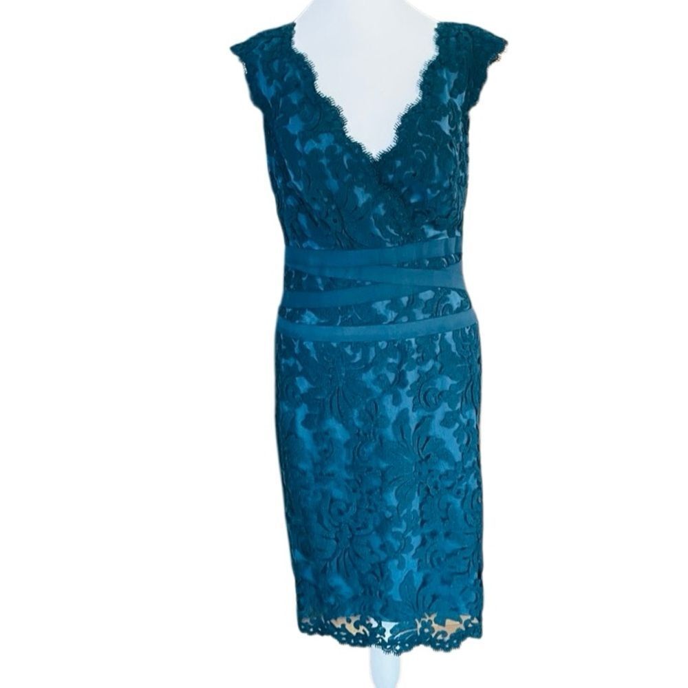 Tadashi Shoji Deep Teal lace v neck sheath Dress size 6. - Picture 2 of 8